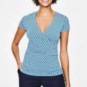 Boden blue geometric pattern short sleeve faux wrap top size 14